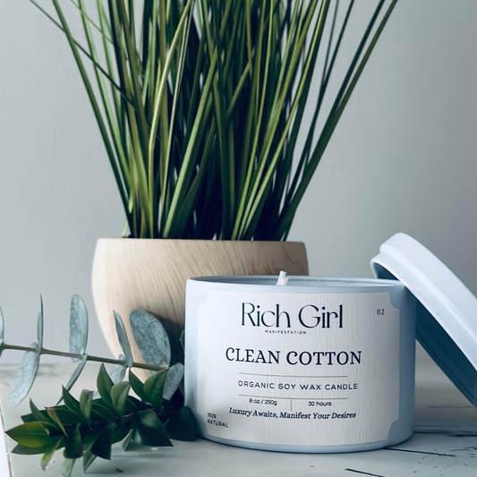 Rich Girl Clean Cotton | Manifest Clarity | 8oz Soy Wax Candle
