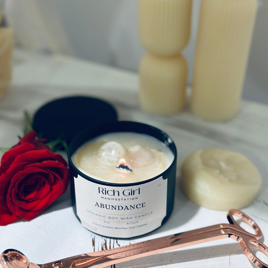 Manifest Abundance Candle | Rich Girl Manifestation | Crystal Candle for Wealth and Success